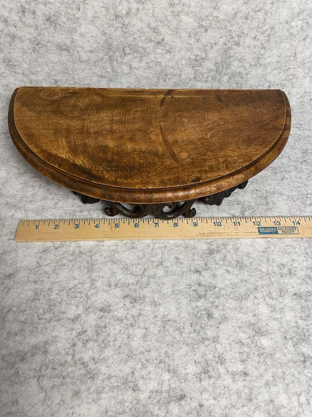 Vintage Rustic Half Moon Wood and Cast Iron Filigree Wall Shelf